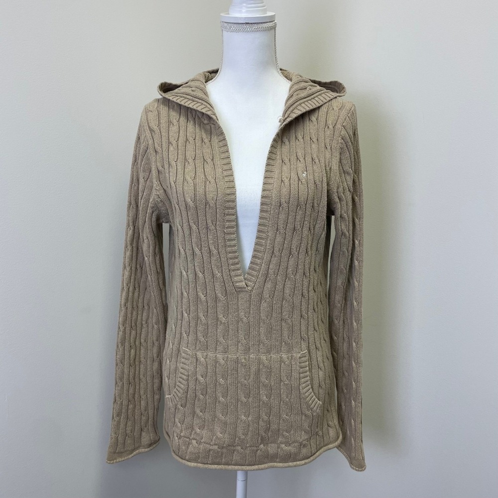 Old Navy Y2K Cable Knit Hoodie Sweater Deep V-Neck Kangaroo Pocket XL Beige